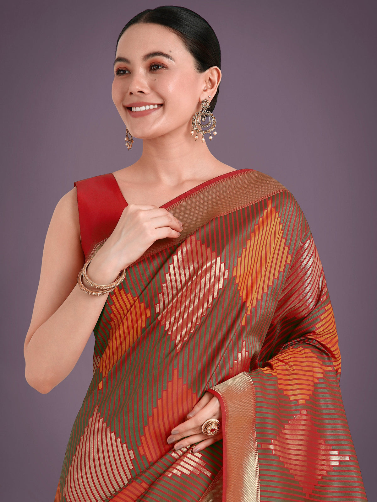 Monjolika Fashion Red Colour Banarasi Silk Zari Weaving Classic Saree | Grocsy