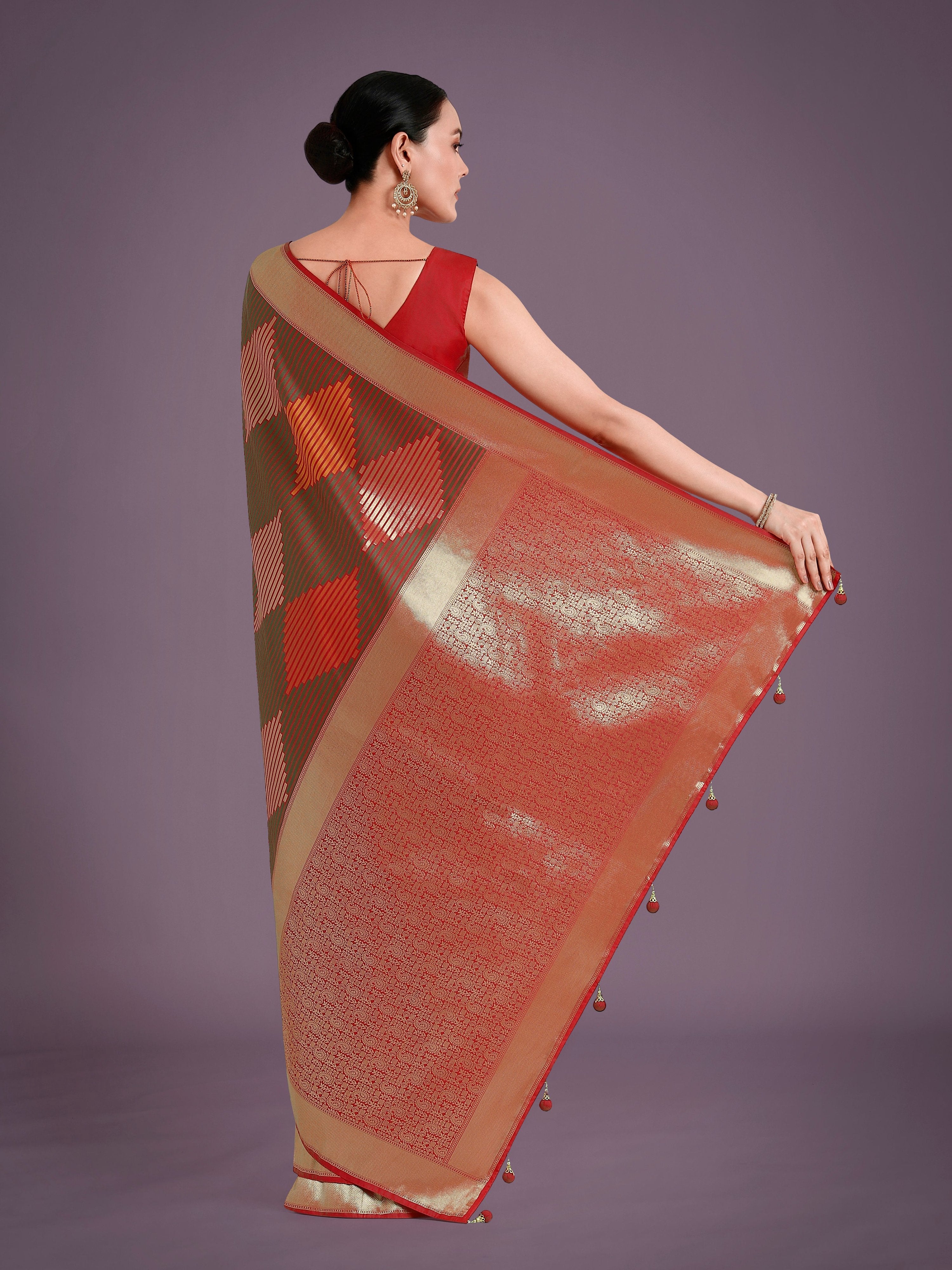 Monjolika Fashion Red Colour Banarasi Silk Zari Weaving Classic Saree | Grocsy