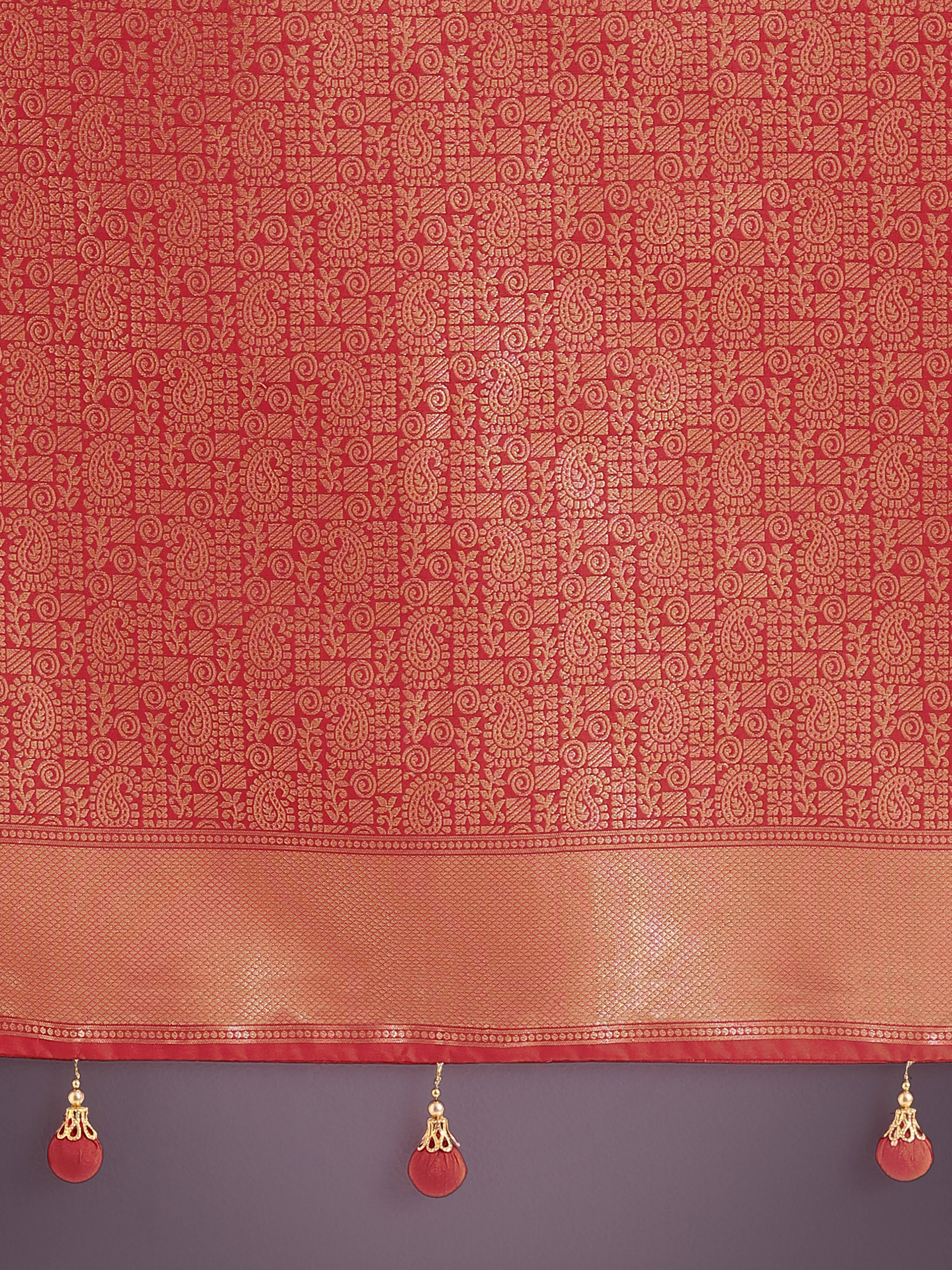 Monjolika Fashion Red Colour Banarasi Silk Zari Weaving Classic Saree | Grocsy