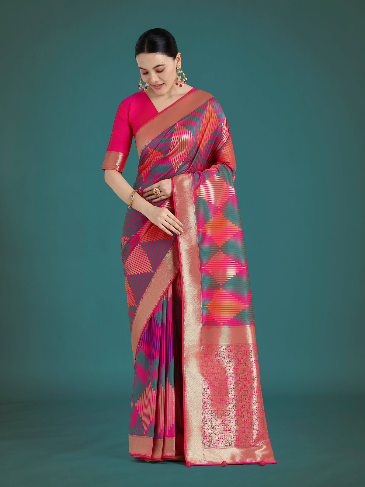 Monjolika Fashion Pink Colour Banarasi Satin Silk Zari Weaving Classic Saree | Grocsy