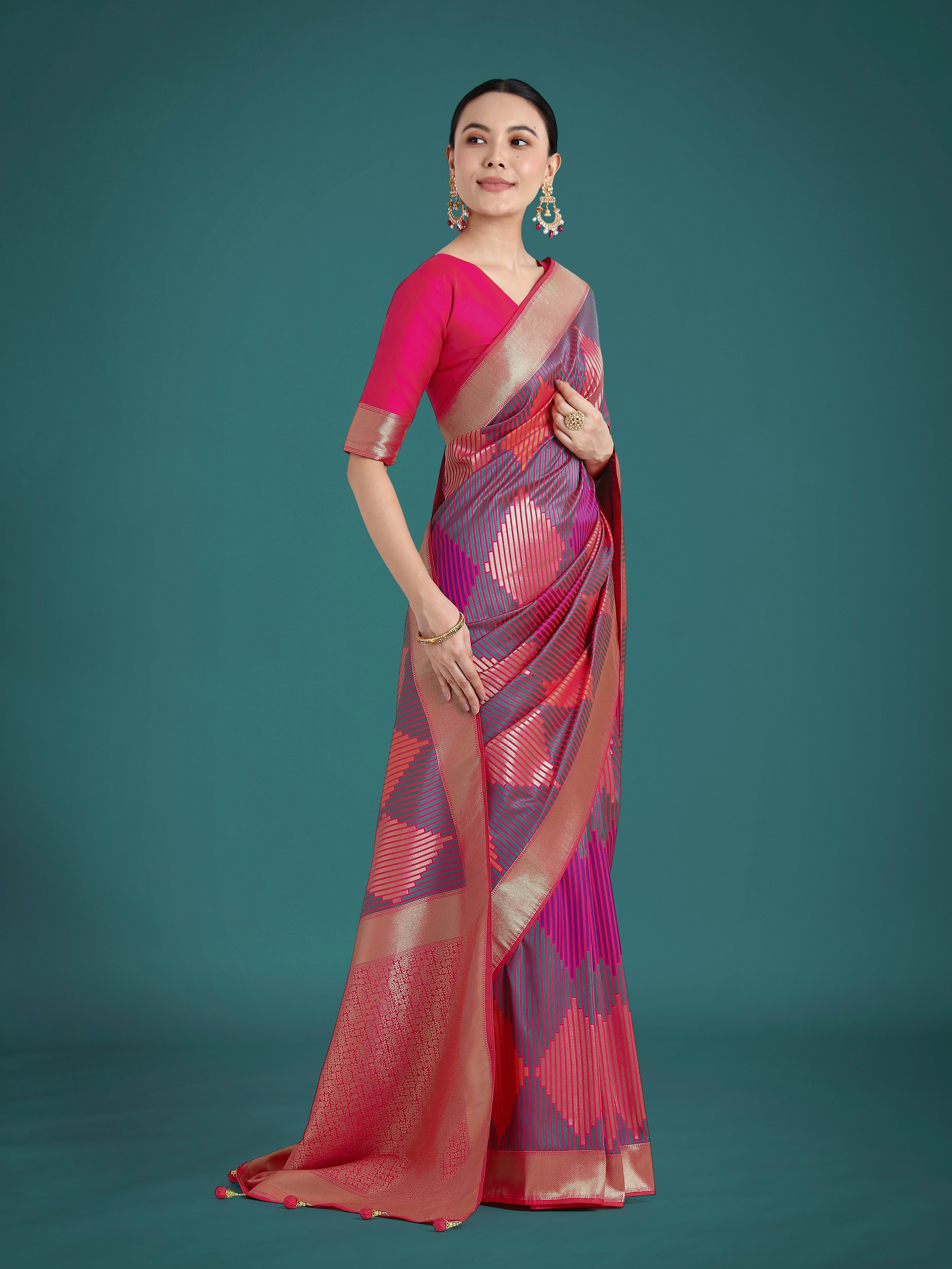 Monjolika Fashion Pink Colour Banarasi Satin Silk Zari Weaving Classic Saree | Grocsy