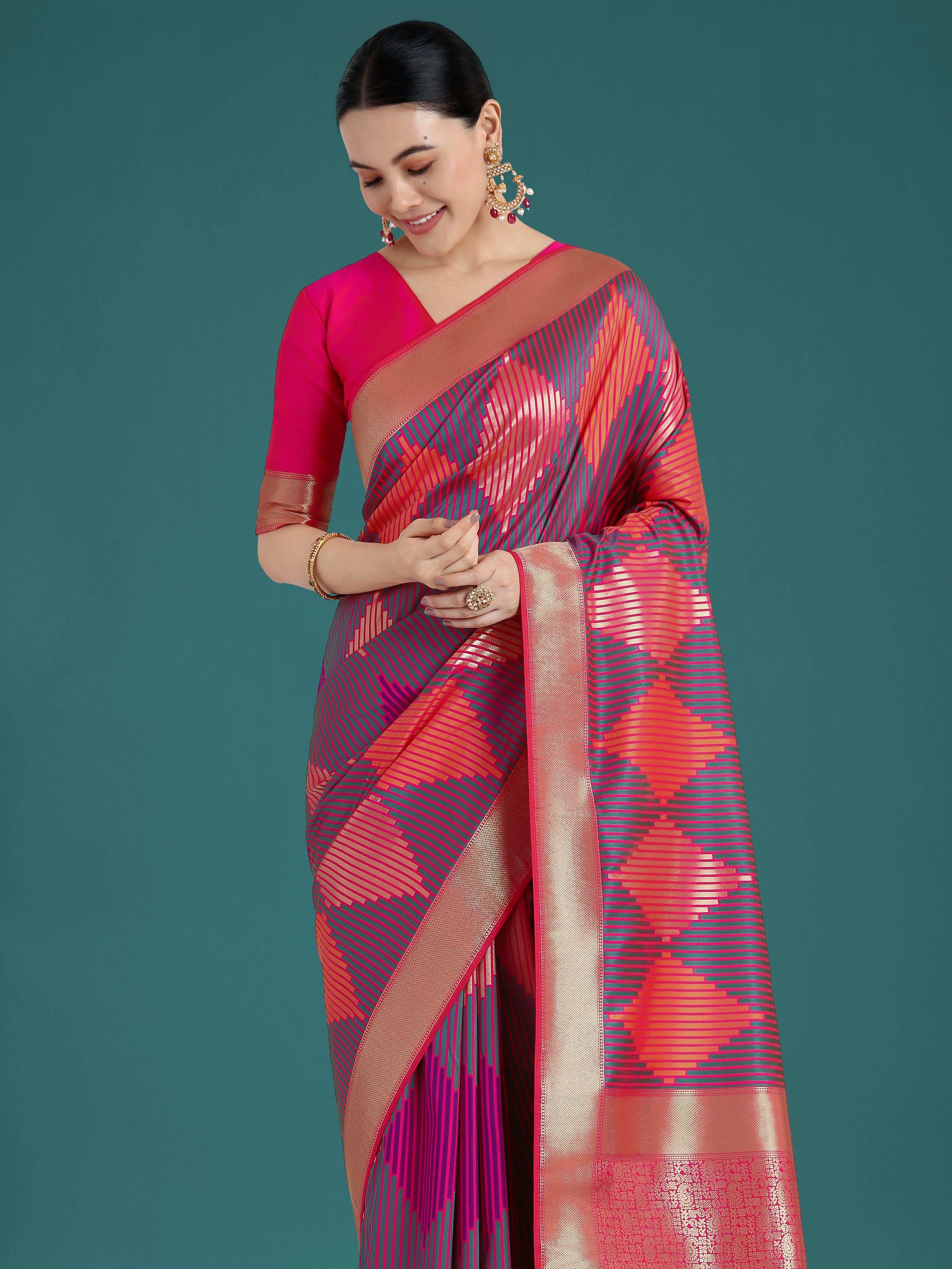 Monjolika Fashion Pink Colour Banarasi Satin Silk Zari Weaving Classic Saree | Grocsy