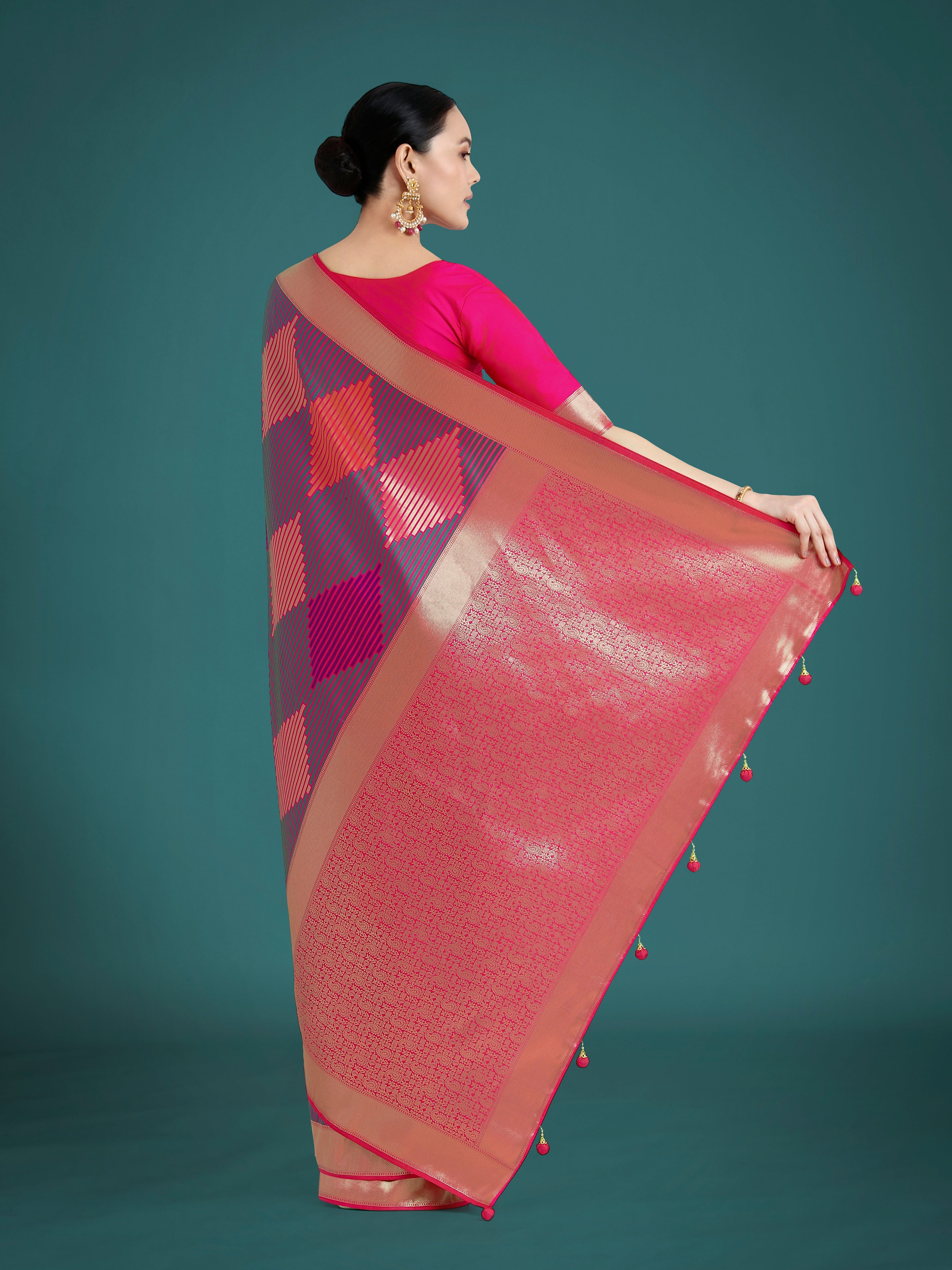Monjolika Fashion Pink Colour Banarasi Satin Silk Zari Weaving Classic Saree | Grocsy