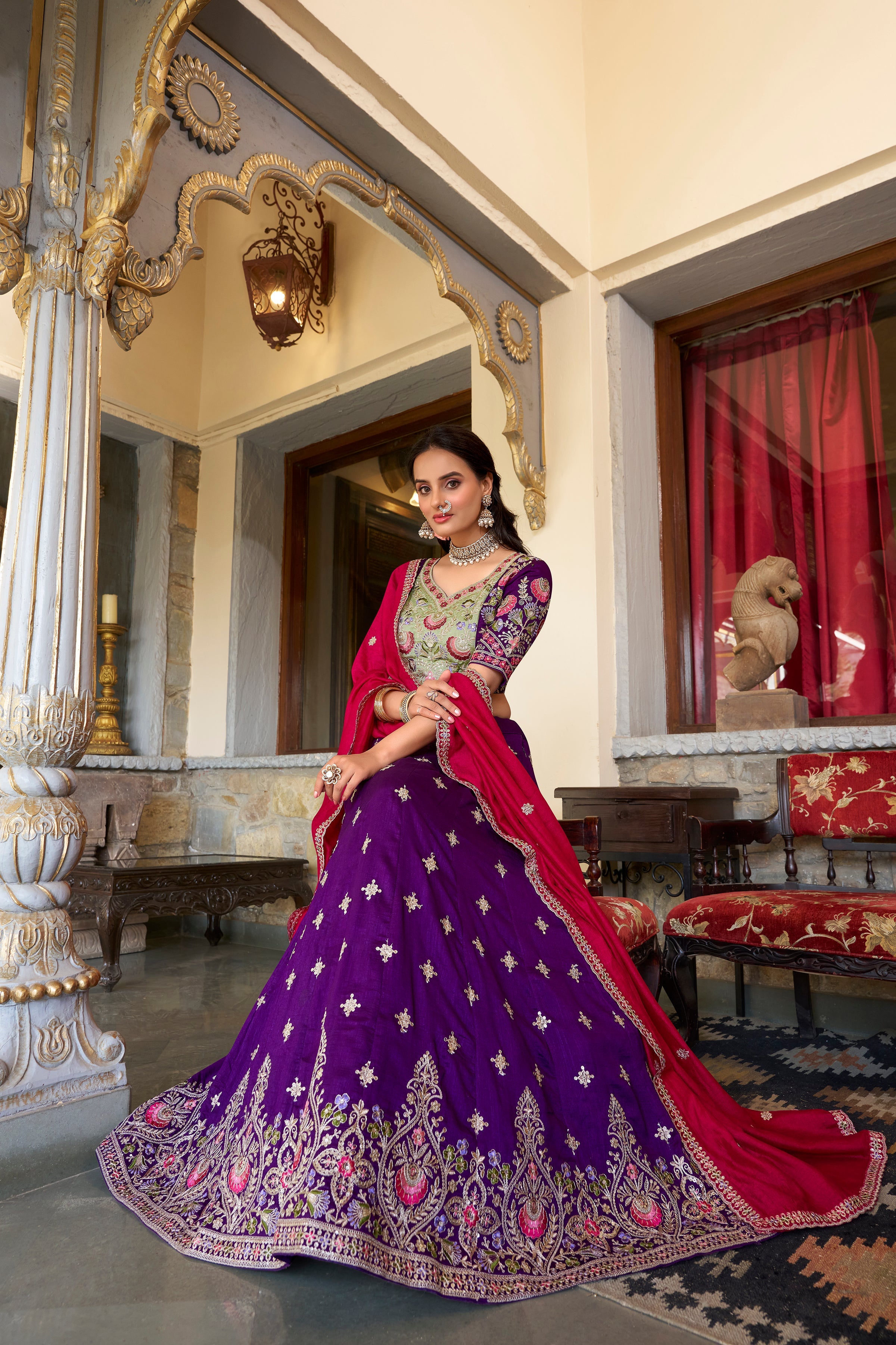 Lorenvalley Purple Vichitra Silk Sequins and Thread Embroidery Work Lehenga Choli with Dupatta | Grocsy
