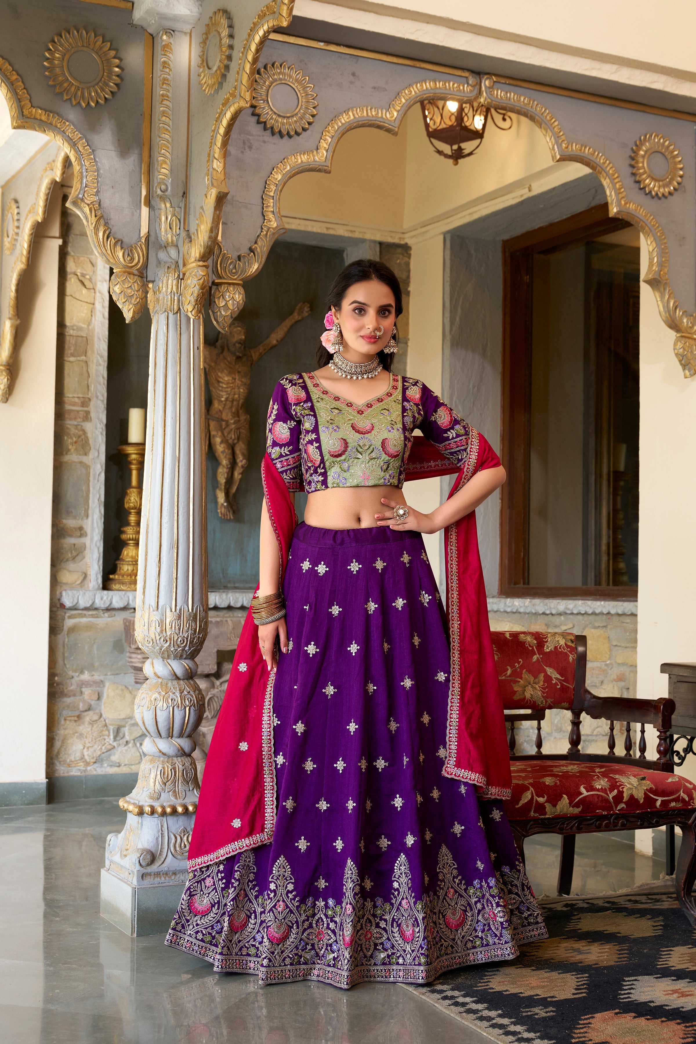 Lorenvalley Purple Vichitra Silk Sequins and Thread Embroidery Work Lehenga Choli with Dupatta | Grocsy