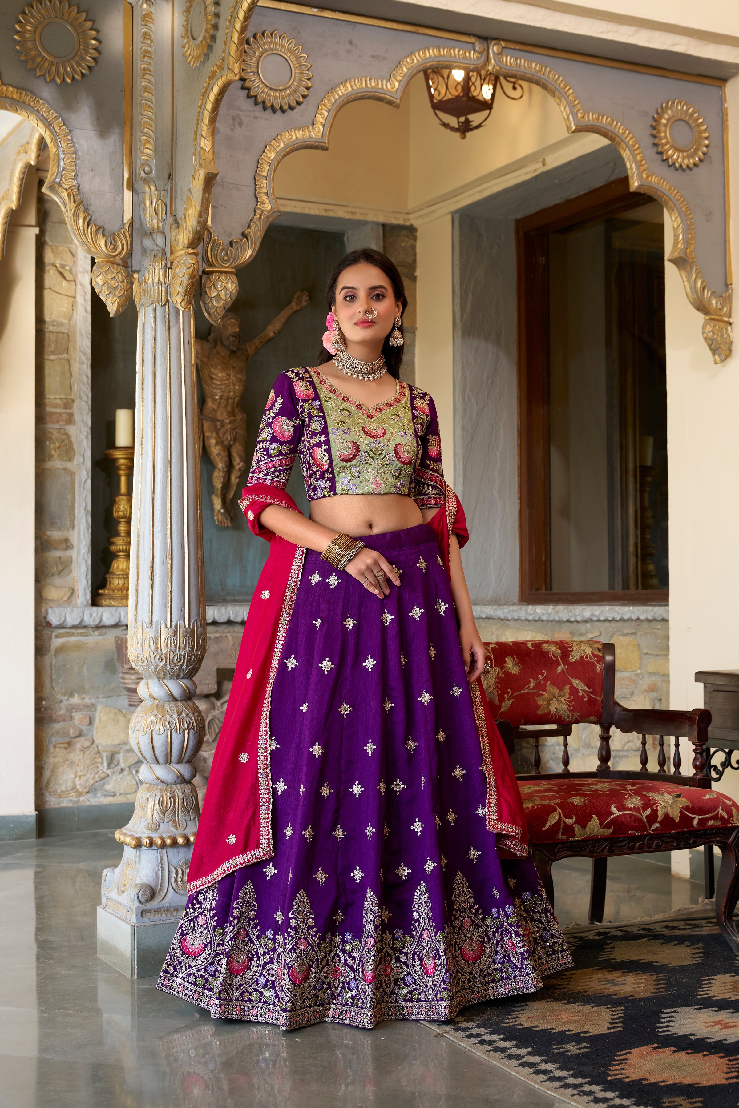 Lorenvalley Purple Vichitra Silk Sequins and Thread Embroidery Work Lehenga Choli with Dupatta | Grocsy