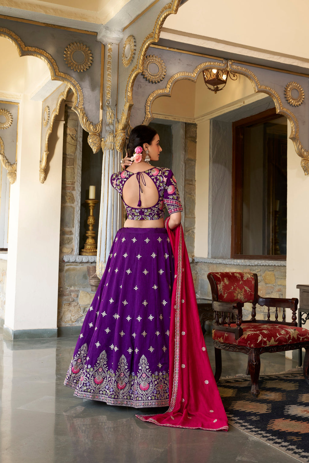 Lorenvalley Purple Vichitra Silk Sequins and Thread Embroidery Work Lehenga Choli with Dupatta | Grocsy