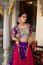 Lorenvalley Purple Vichitra Silk Sequins and Thread Embroidery Work Lehenga Choli with Dupatta | Grocsy