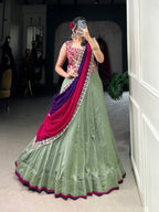 Lorenvalley Seagreen Vichitra Silk Plain With Sequins and Thread Embroidery Work Belt Lehenga Choli | Grocsy