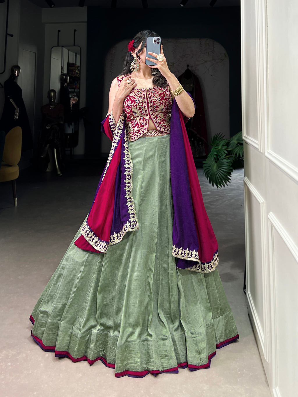 Lorenvalley Seagreen Vichitra Silk Plain With Sequins and Thread Embroidery Work Belt Lehenga Choli | Grocsy