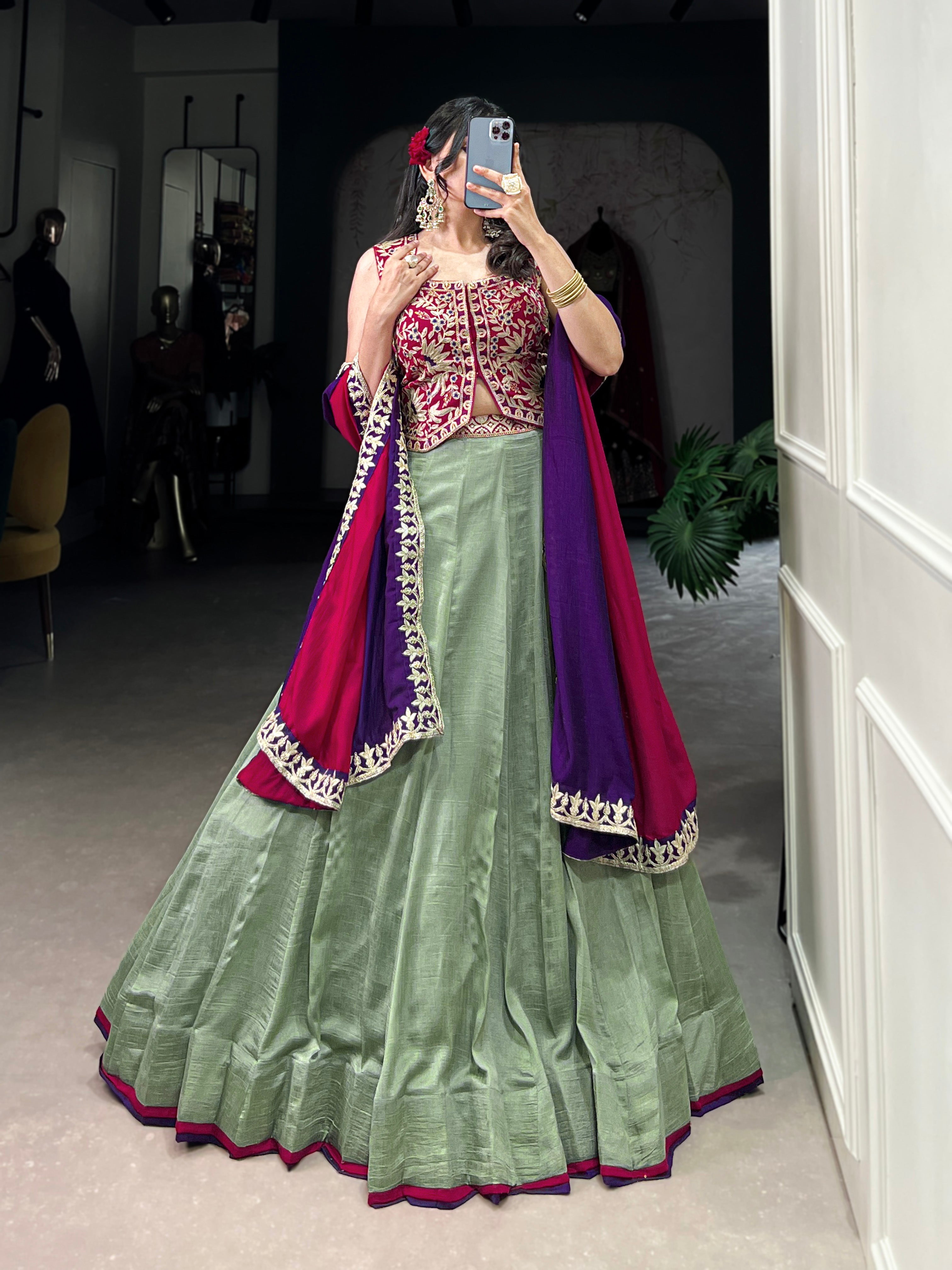 Lorenvalley Seagreen Vichitra Silk Plain With Sequins and Thread Embroidery Work Belt Lehenga Choli | Grocsy