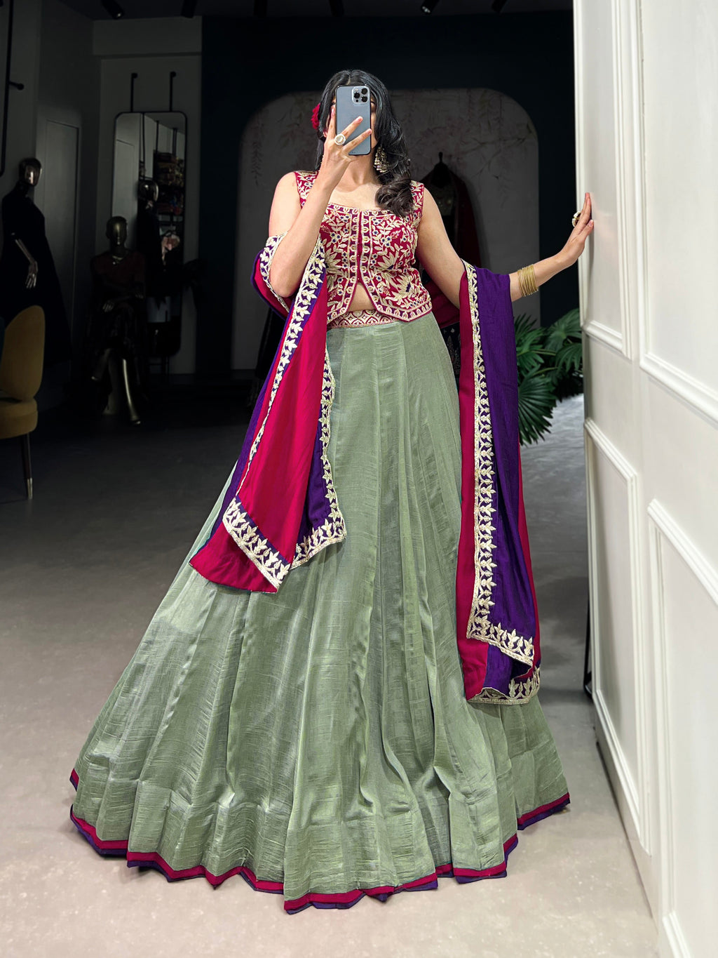 Lorenvalley Seagreen Vichitra Silk Plain With Sequins and Thread Embroidery Work Belt Lehenga Choli | Grocsy