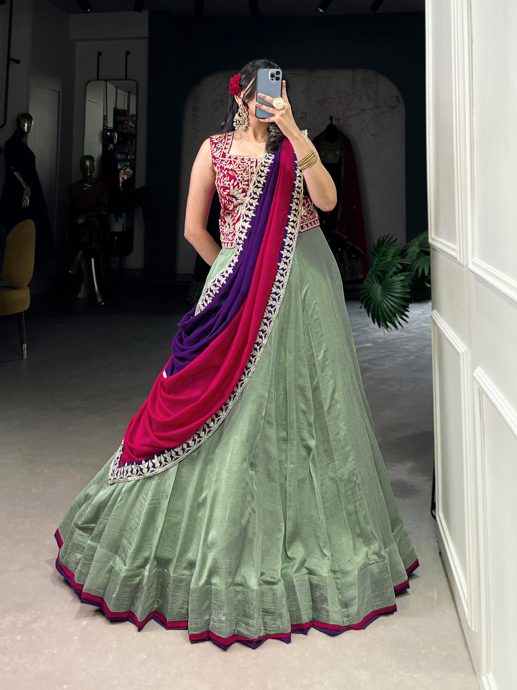 Lorenvalley Seagreen Vichitra Silk Plain With Sequins and Thread Embroidery Work Belt Lehenga Choli | Grocsy