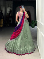 Lorenvalley Seagreen Vichitra Silk Plain With Sequins and Thread Embroidery Work Belt Lehenga Choli | Grocsy