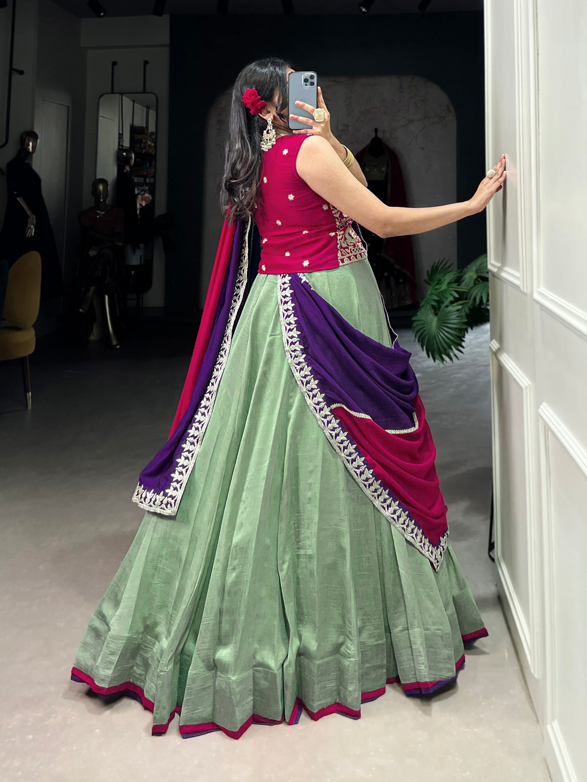 Lorenvalley Seagreen Vichitra Silk Plain With Sequins and Thread Embroidery Work Belt Lehenga Choli | Grocsy