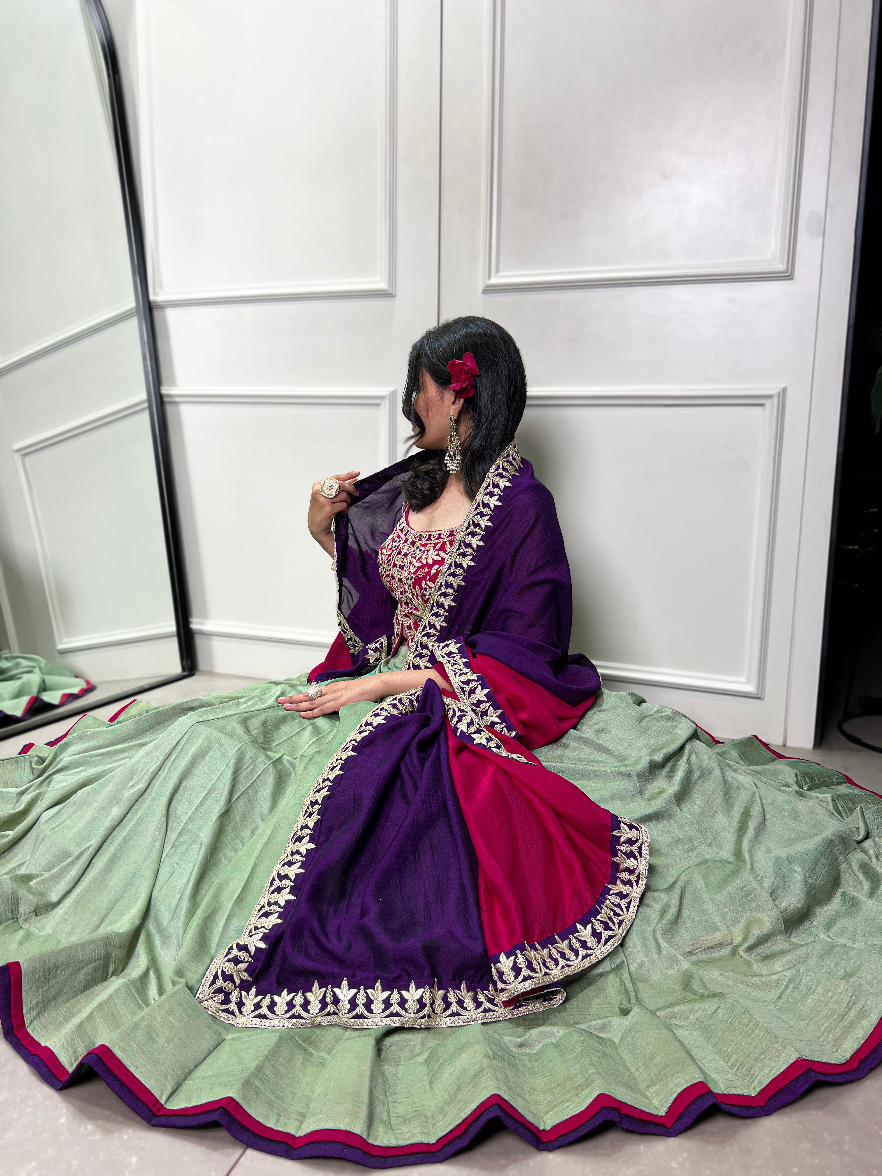 Lorenvalley Seagreen Vichitra Silk Plain With Sequins and Thread Embroidery Work Belt Lehenga Choli | Grocsy