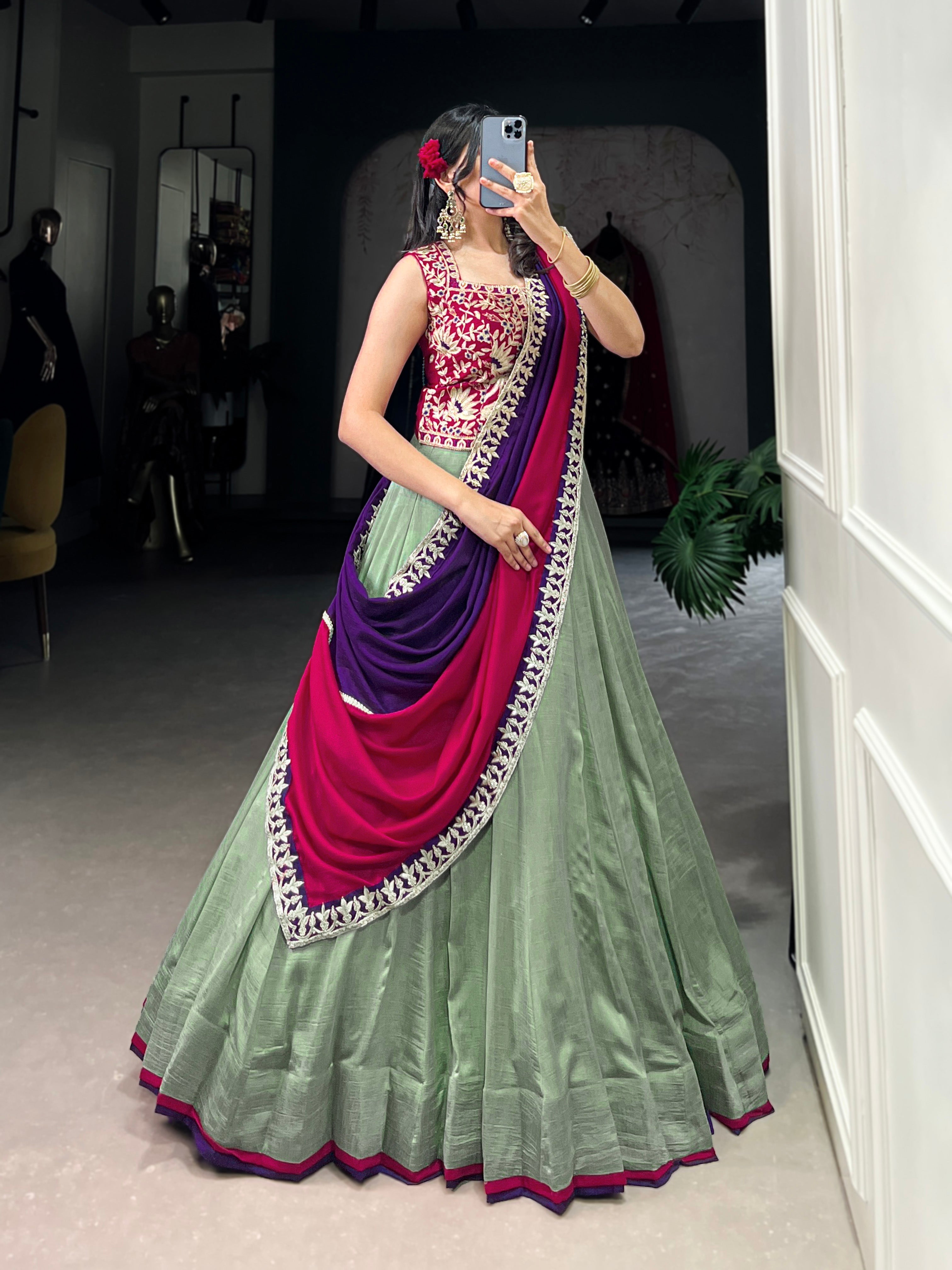 Lorenvalley Seagreen Vichitra Silk Plain With Sequins and Thread Embroidery Work Belt Lehenga Choli | Grocsy
