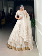 Lorenvalley Off White Silver Glosy Fabric with Sequins and Embroidery with Foil Work Lehenga Choli | Grocsy