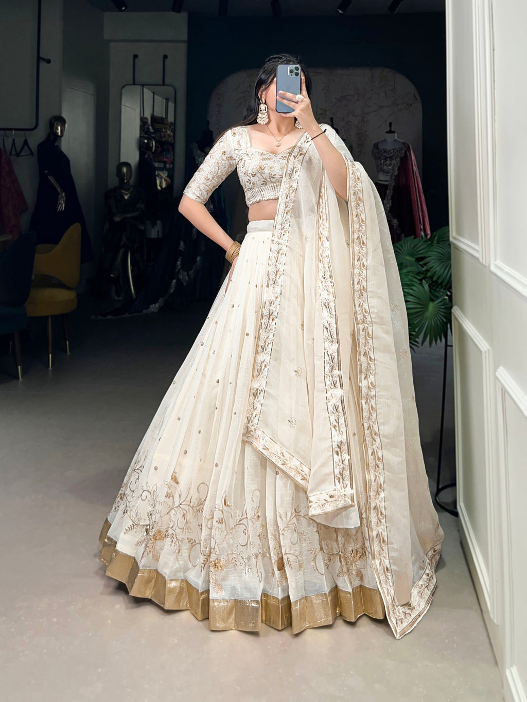 Lorenvalley Off White Silver Glosy Fabric with Sequins and Embroidery with Foil Work Lehenga Choli | Grocsy