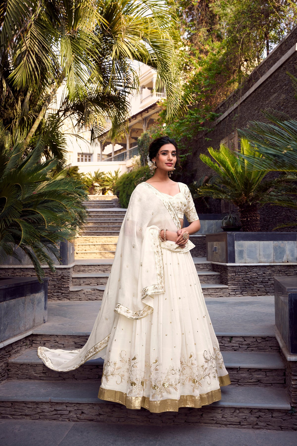 Lorenvalley Offwhite Silver Glosy Fabric Sequins and Embroidery with Foil Work Lehenga Choli with Dupatta | Grocsy