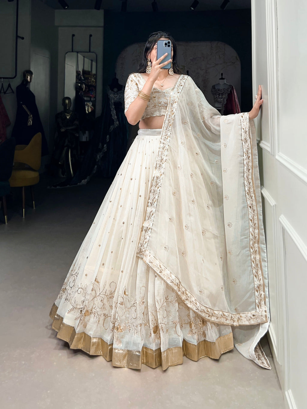 Lorenvalley Off White Silver Glosy Fabric with Sequins and Embroidery with Foil Work Lehenga Choli | Grocsy