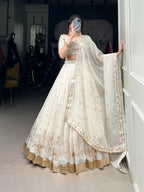 Lorenvalley Off White Silver Glosy Fabric with Sequins and Embroidery with Foil Work Lehenga Choli | Grocsy