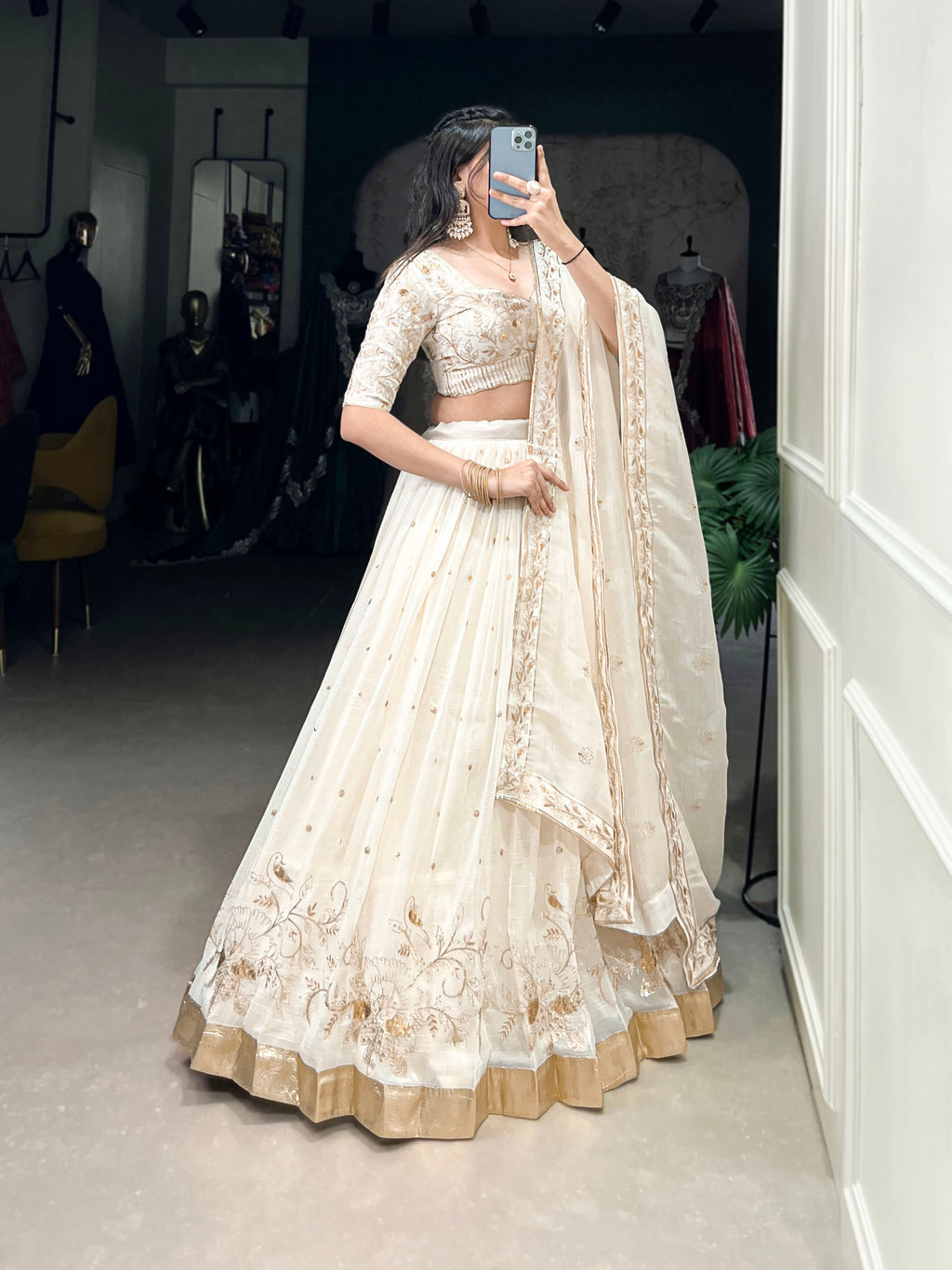 Lorenvalley Off White Silver Glosy Fabric with Sequins and Embroidery with Foil Work Lehenga Choli | Grocsy