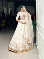 Lorenvalley Off White Silver Glosy Fabric with Sequins and Embroidery with Foil Work Lehenga Choli | Grocsy