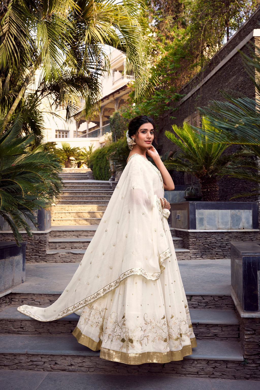 Lorenvalley Offwhite Silver Glosy Fabric Sequins and Embroidery with Foil Work Lehenga Choli with Dupatta | Grocsy