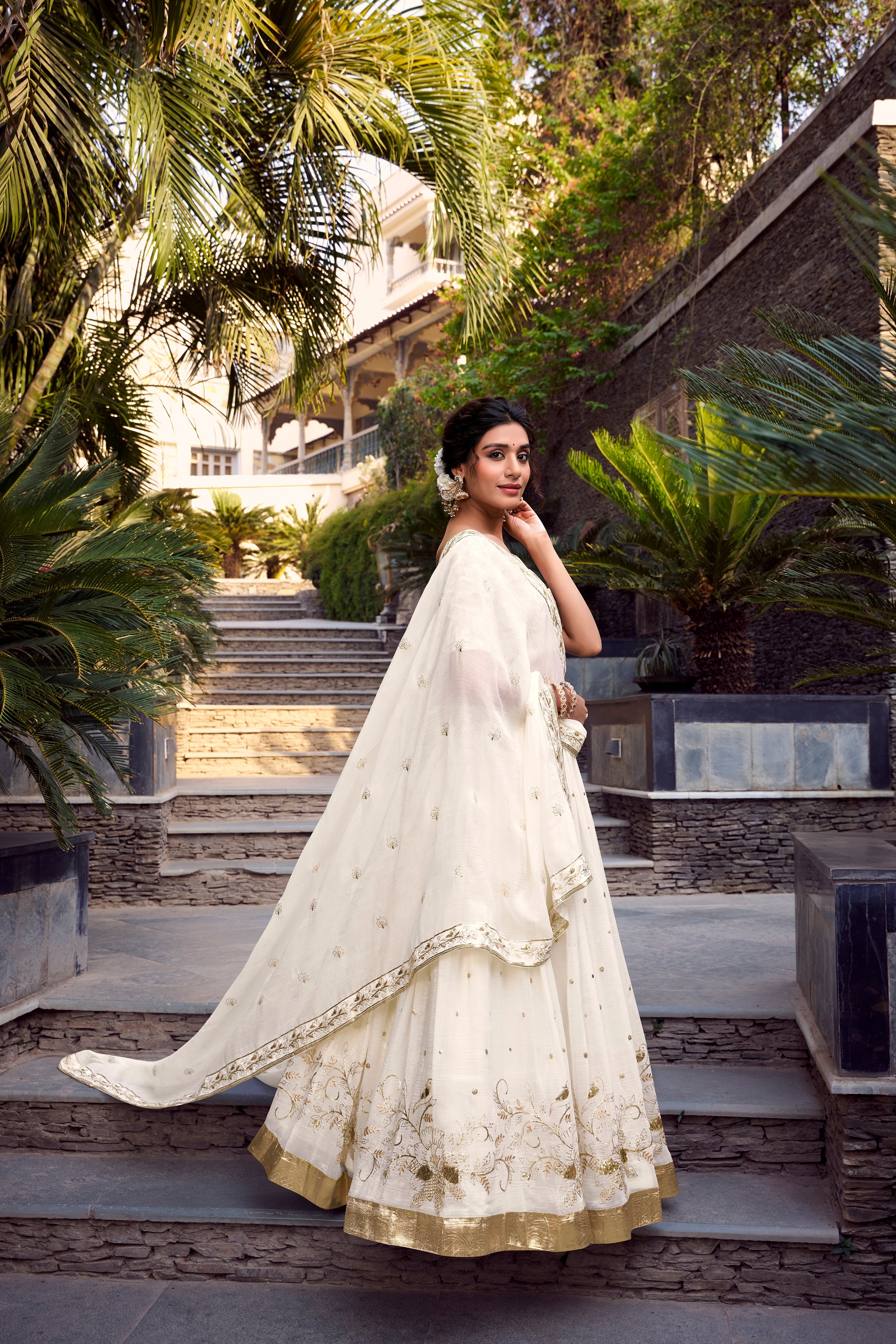 Lorenvalley Offwhite Silver Glosy Fabric Sequins and Embroidery with Foil Work Lehenga Choli with Dupatta | Grocsy
