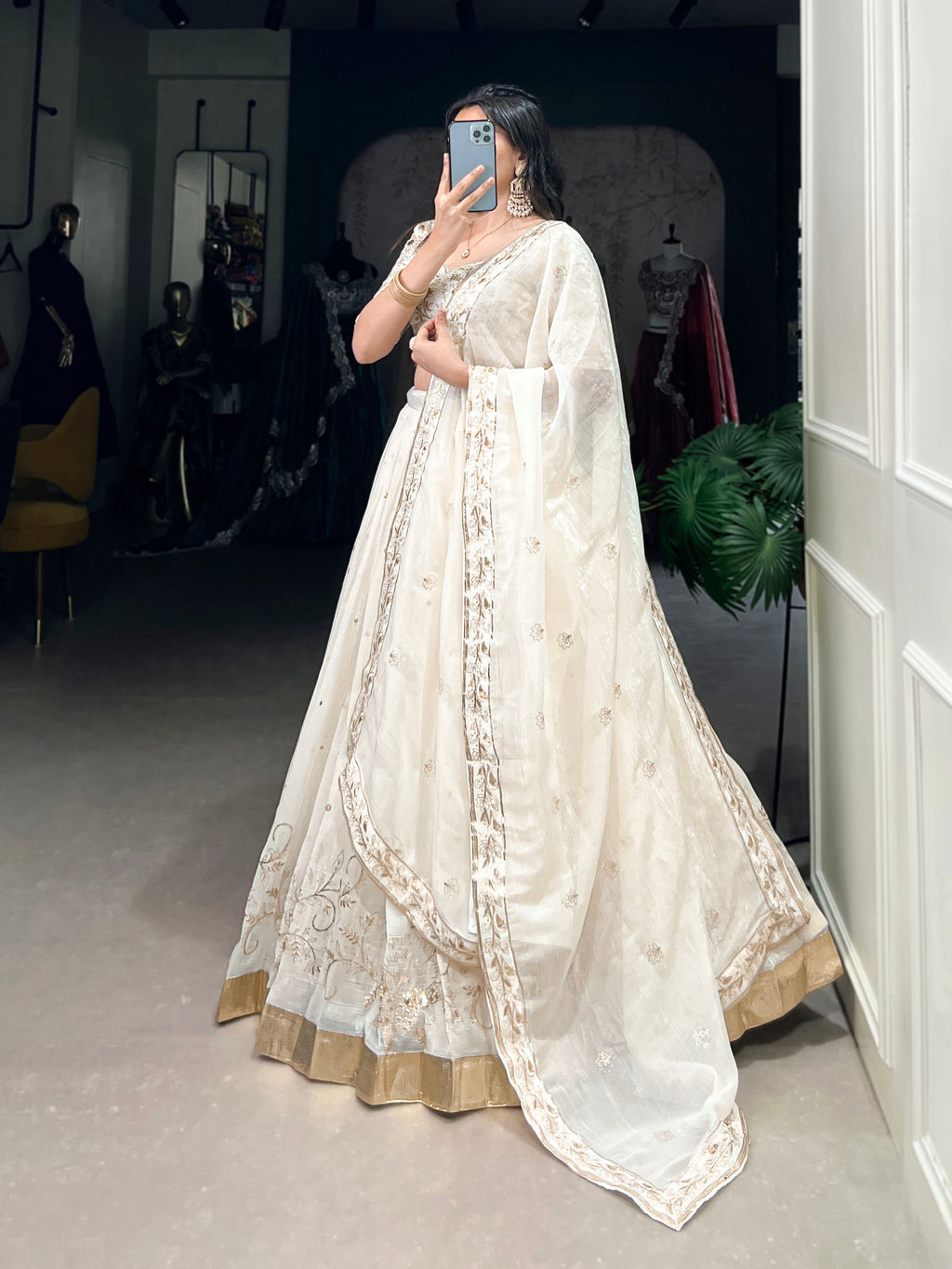 Lorenvalley Off White Silver Glosy Fabric with Sequins and Embroidery with Foil Work Lehenga Choli | Grocsy