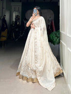 Lorenvalley Off White Silver Glosy Fabric with Sequins and Embroidery with Foil Work Lehenga Choli | Grocsy