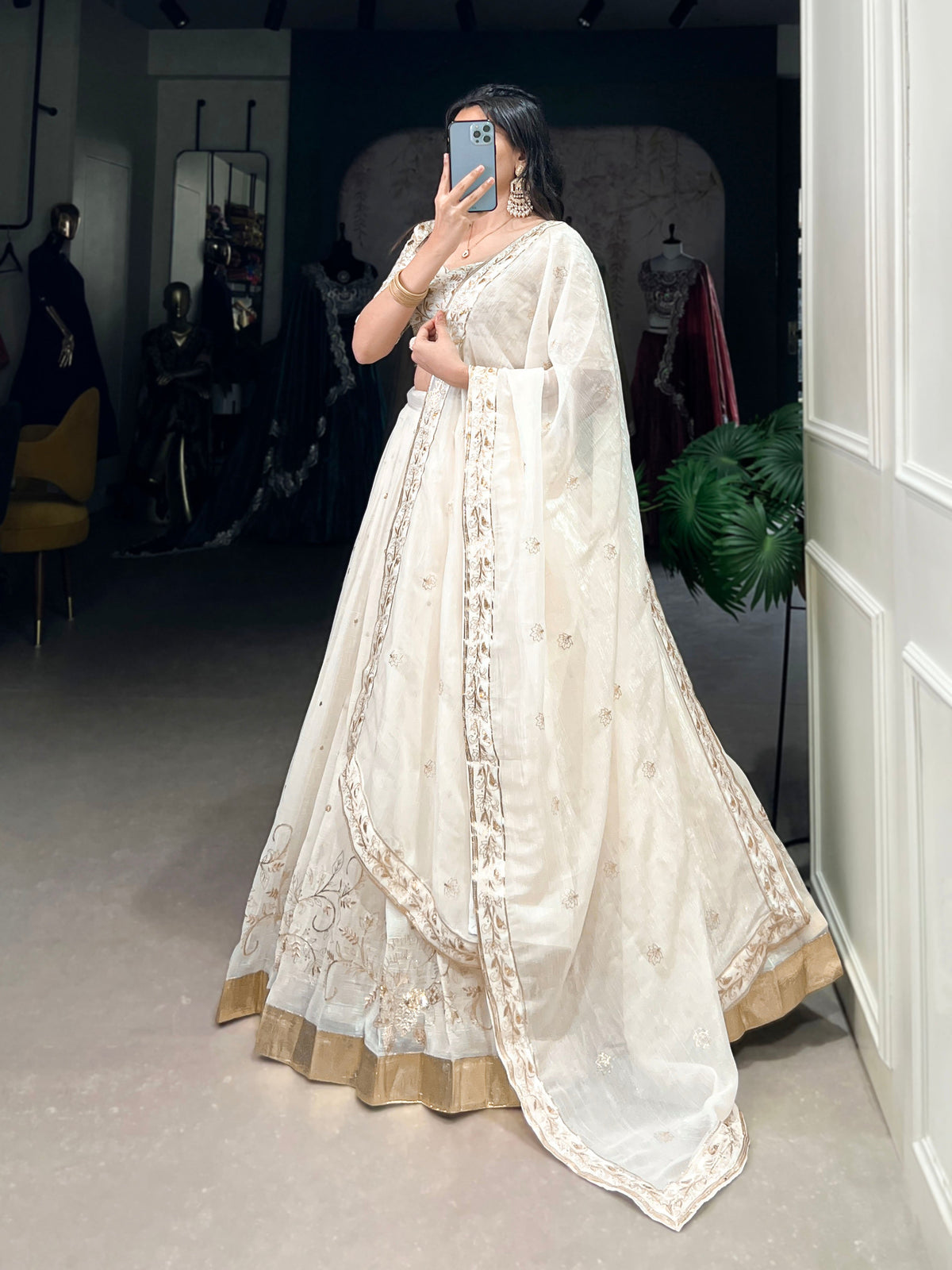 Lorenvalley Off White Silver Glosy Fabric with Sequins and Embroidery with Foil Work Lehenga Choli | Grocsy