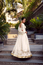 Lorenvalley Offwhite Silver Glosy Fabric Sequins and Embroidery with Foil Work Lehenga Choli with Dupatta | Grocsy