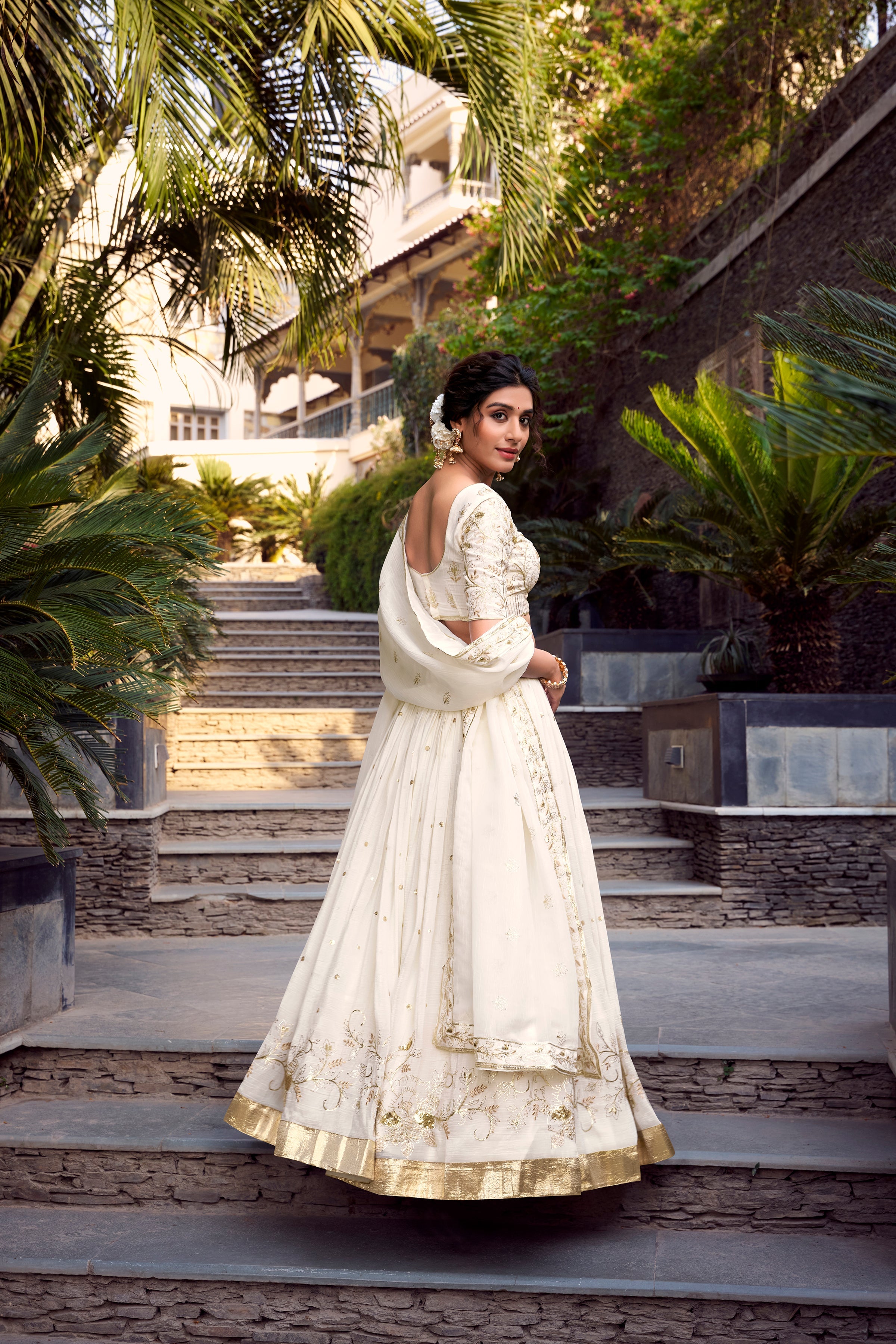 Lorenvalley Offwhite Silver Glosy Fabric Sequins and Embroidery with Foil Work Lehenga Choli with Dupatta | Grocsy