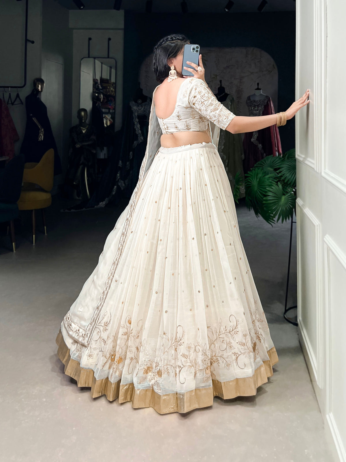 Lorenvalley Off White Silver Glosy Fabric with Sequins and Embroidery with Foil Work Lehenga Choli | Grocsy