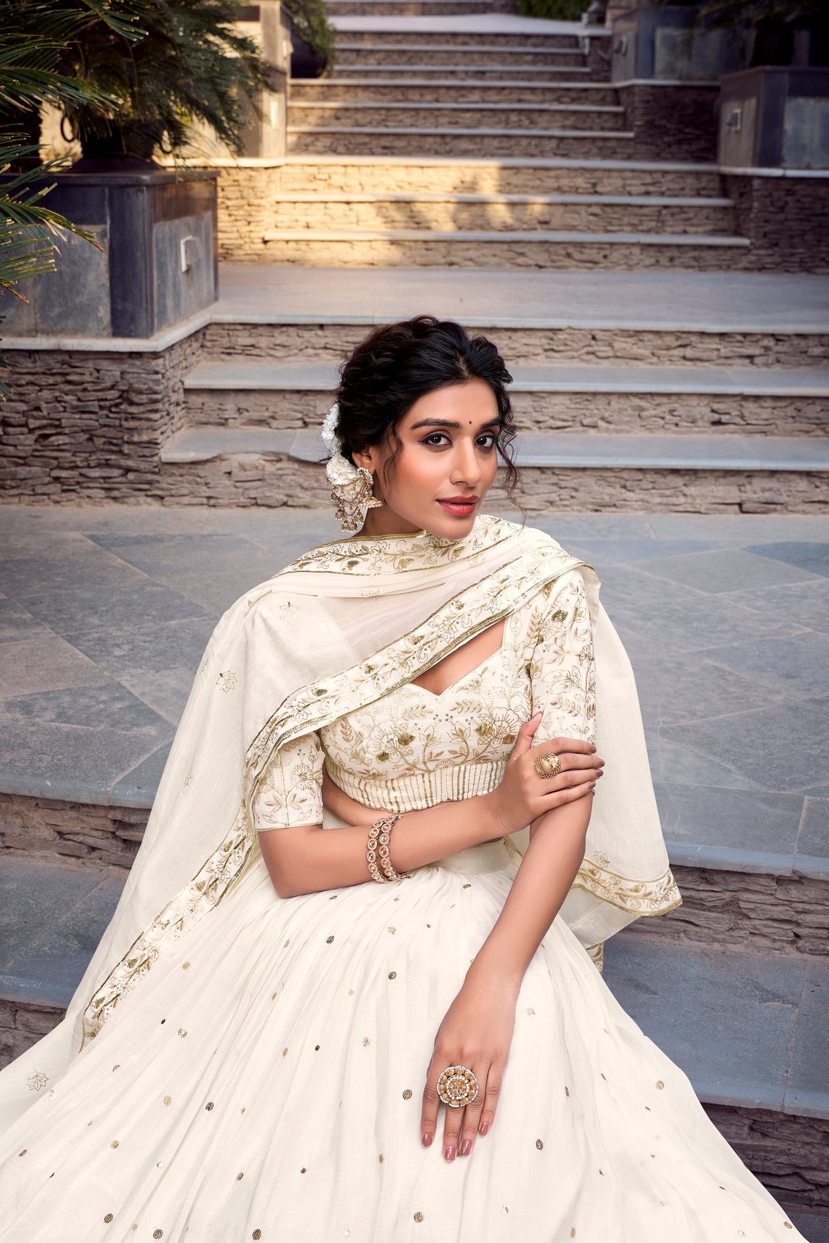 Lorenvalley Offwhite Silver Glosy Fabric Sequins and Embroidery with Foil Work Lehenga Choli with Dupatta | Grocsy