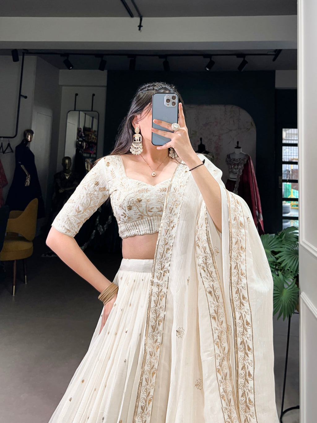Lorenvalley Off White Silver Glosy Fabric with Sequins and Embroidery with Foil Work Lehenga Choli | Grocsy