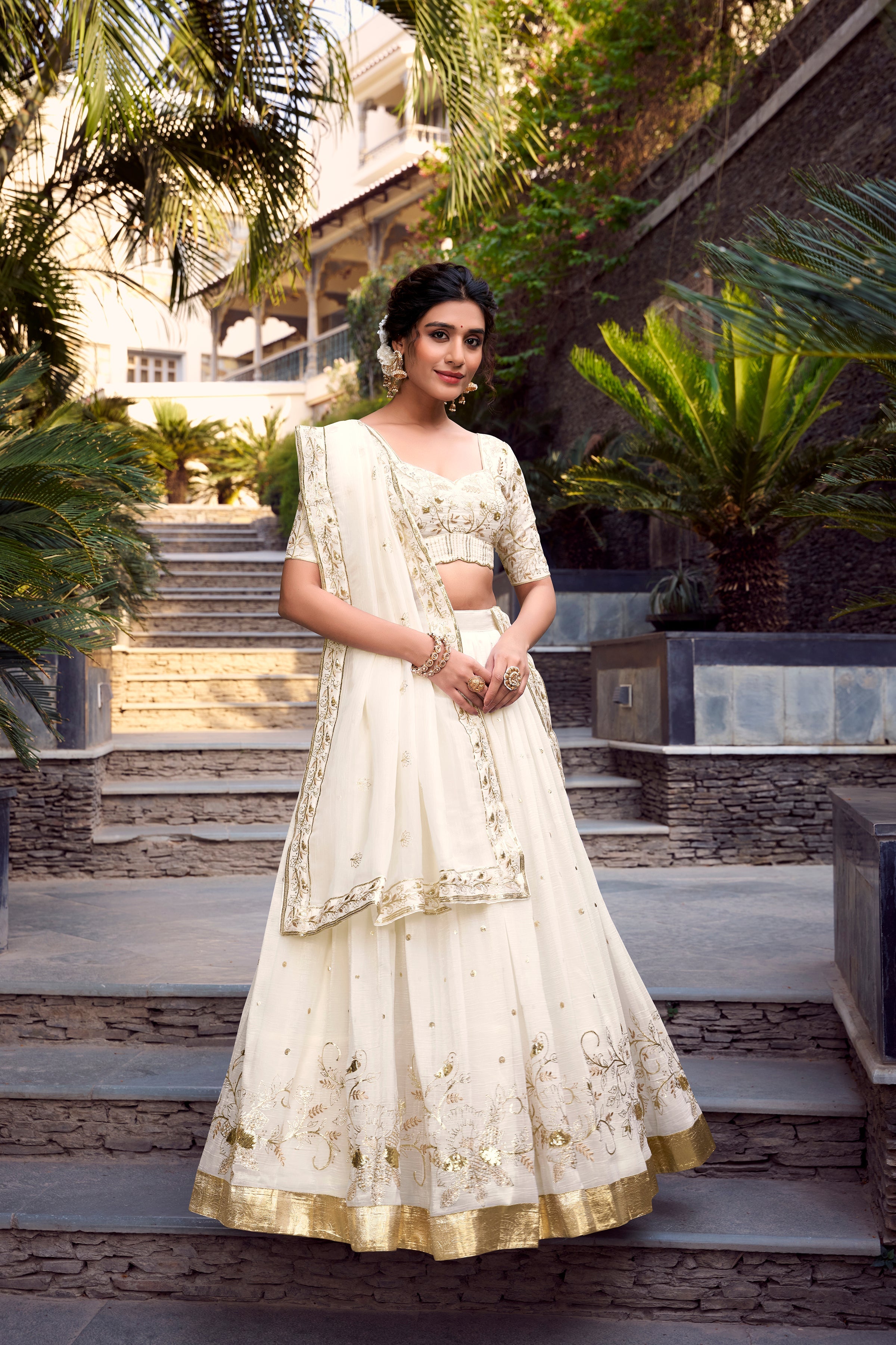 Lorenvalley Offwhite Silver Glosy Fabric Sequins and Embroidery with Foil Work Lehenga Choli with Dupatta | Grocsy