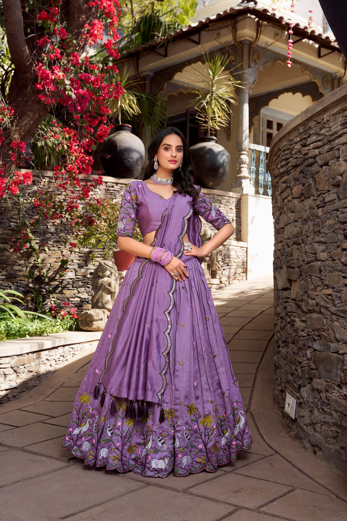 Lorenvalley Lavender Vichitra Shimmer Sequins and Thread Embroidery Work Lehenga Choli | Grocsy