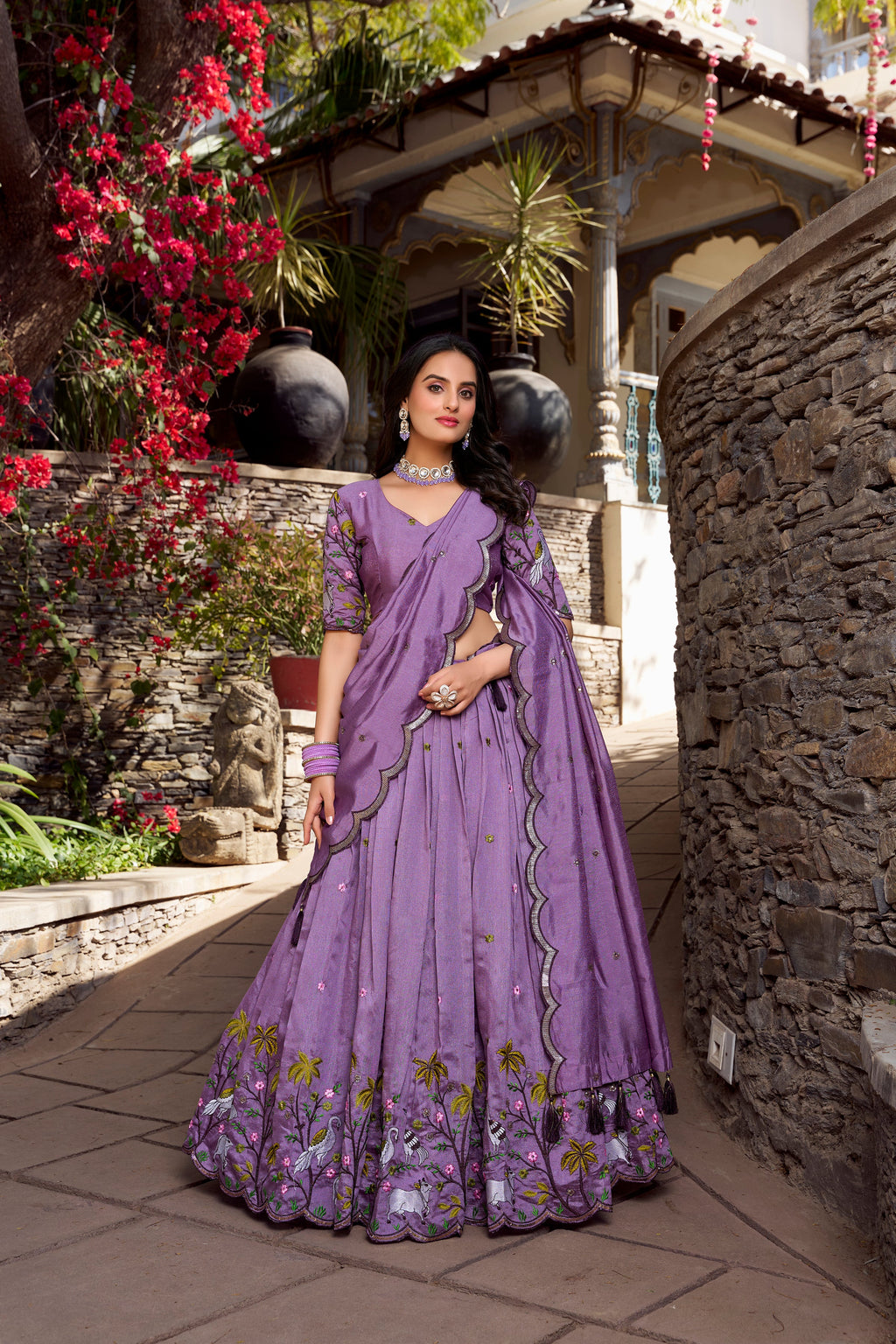 Lorenvalley Lavender Vichitra Shimmer Sequins and Thread Embroidery Work Lehenga Choli | Grocsy