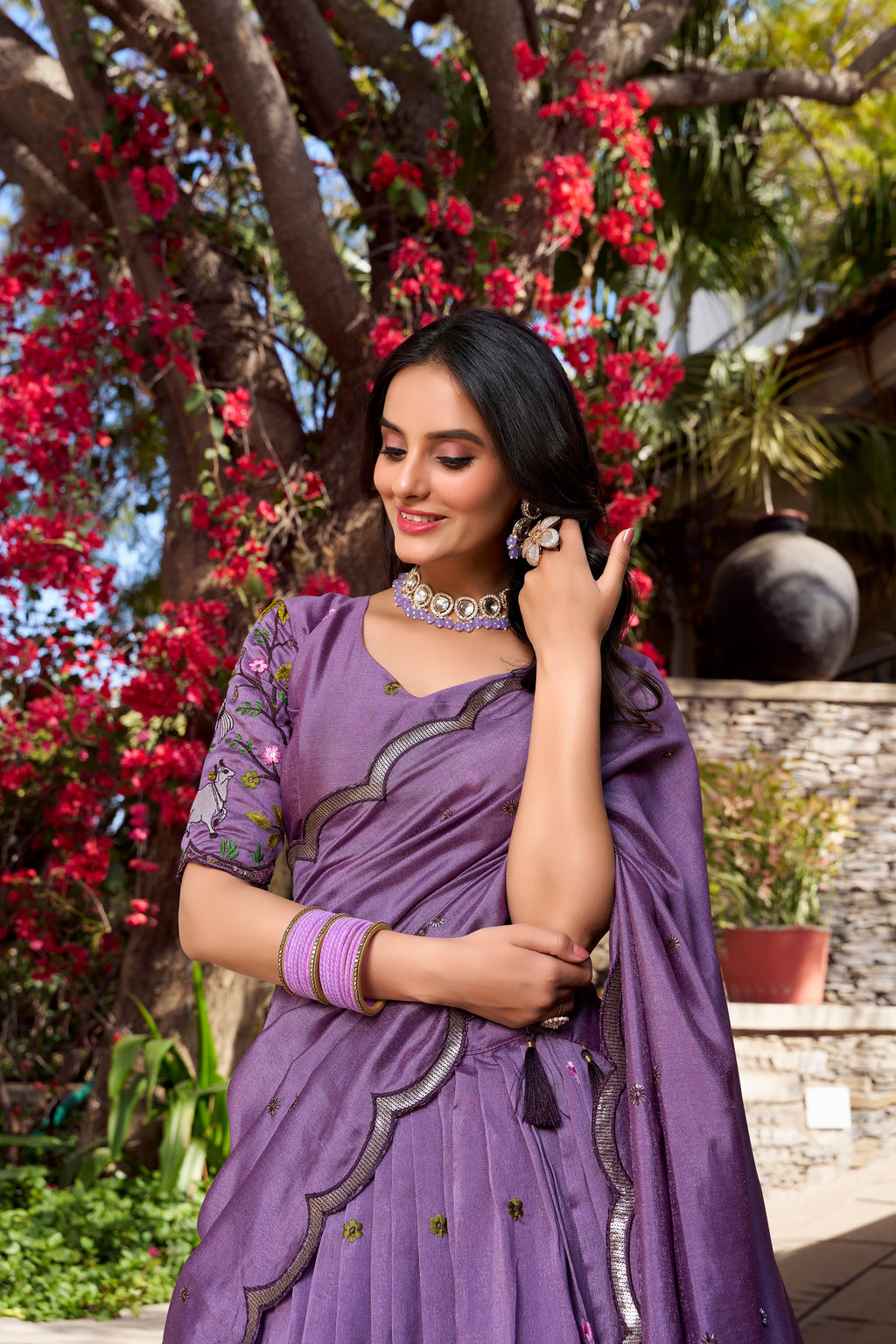 Lorenvalley Lavender Vichitra Shimmer Sequins and Thread Embroidery Work Lehenga Choli | Grocsy