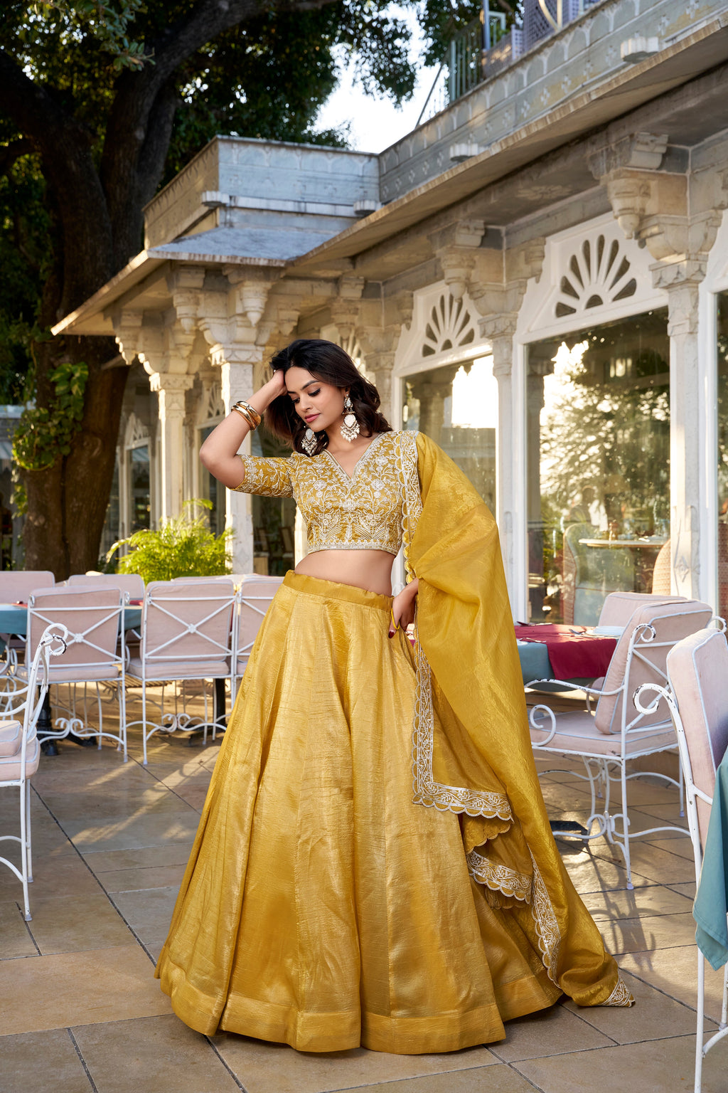 Lorenvalley Mustard Goldie Plain Lehenga with Sequins Thread Embroidery Work Choli | Grocsy