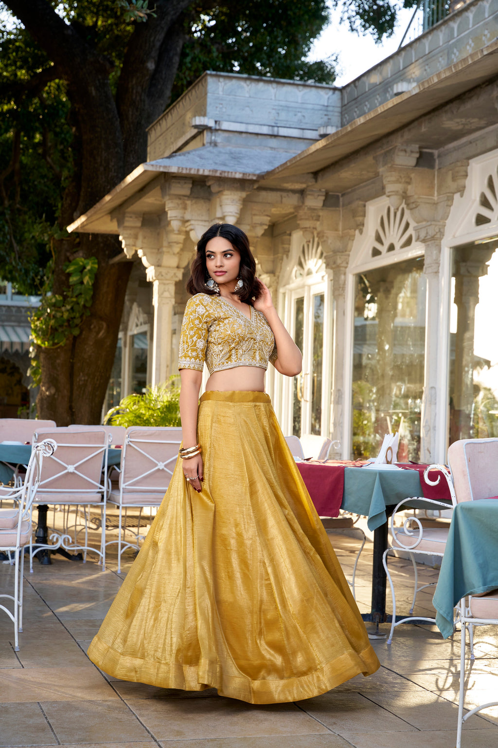 Lorenvalley Mustard Goldie Plain Lehenga with Sequins Thread Embroidery Work Choli | Grocsy