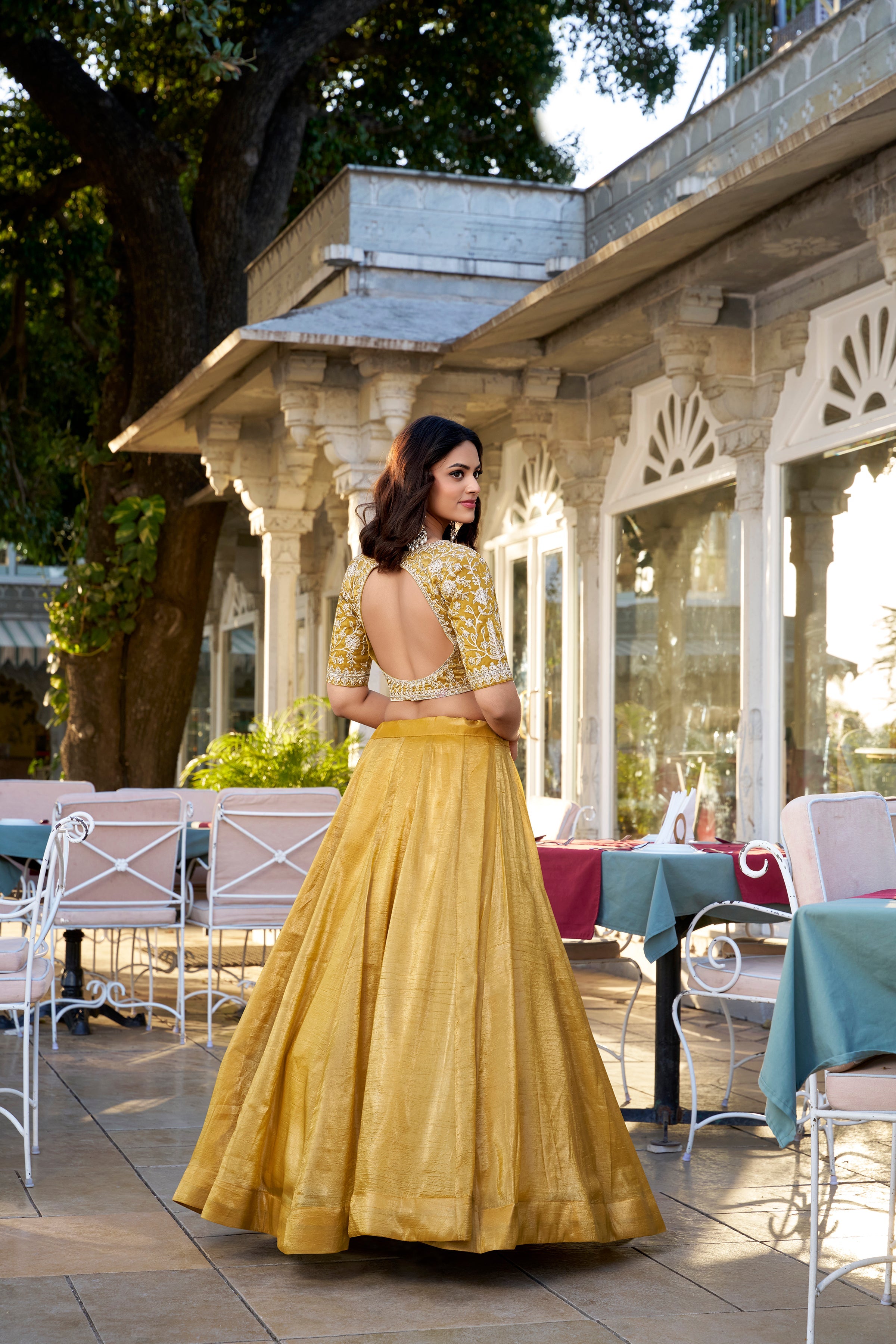 Lorenvalley Mustard Goldie Plain Lehenga with Sequins Thread Embroidery Work Choli | Grocsy