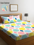 KLOTTHE Multicoloured Geometric 300 TC Fitted Double Bedsheet with 2 Pillow Covers | Grocsy