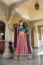 Lorenvalley Peach Moonga Silk Sequins and Thread Embroidery Work Lehenga Choli | Grocsy