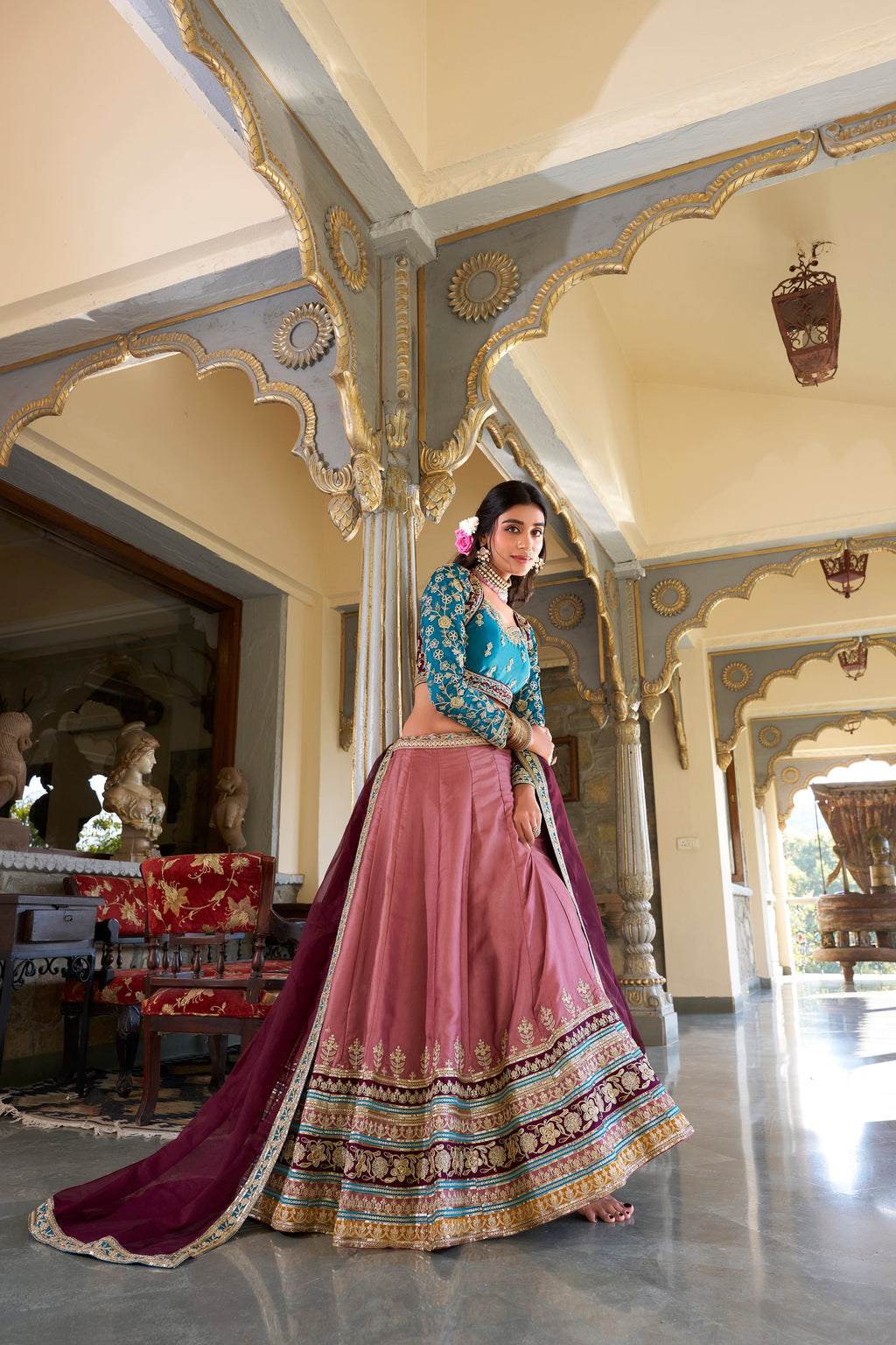 Lorenvalley Peach Moonga Silk Sequins and Thread Embroidery Work Lehenga Choli | Grocsy
