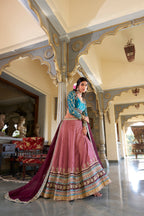 Lorenvalley Peach Moonga Silk Sequins and Thread Embroidery Work Lehenga Choli | Grocsy