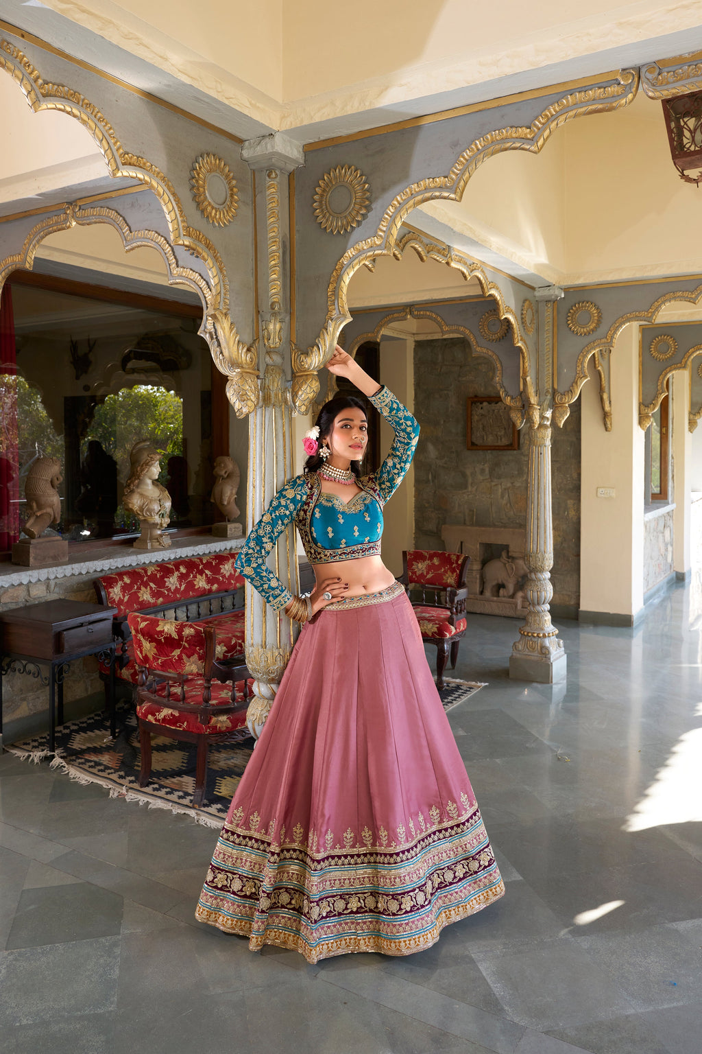 Lorenvalley Peach Moonga Silk Sequins and Thread Embroidery Work Lehenga Choli | Grocsy